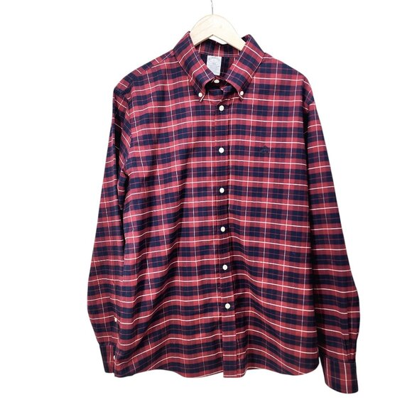 Brooks Brothers Mens Red & Navy Plaid Button-Down Cotton/Spandex Shirt L‎ - Picture 1 of 6